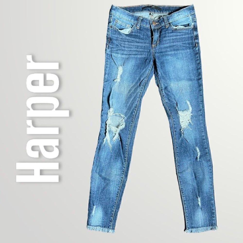 Harper, Distressed Destroyed Stretchy Denim Jeans, Fringe Hemline, Women’s 26